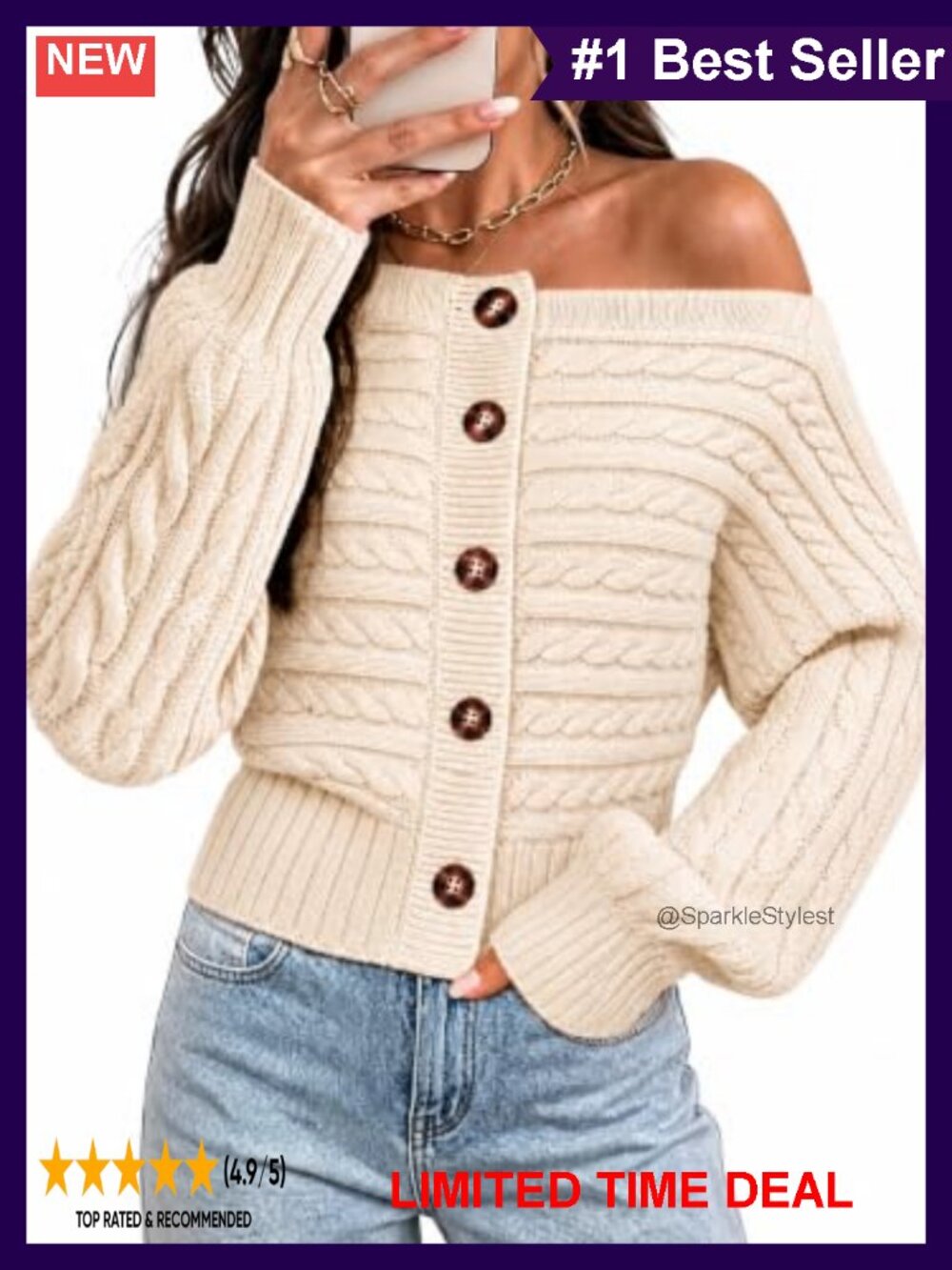 Off Shoulder Cable Knit Crop Cardigan Button Sweater Long Sleeve Pullover